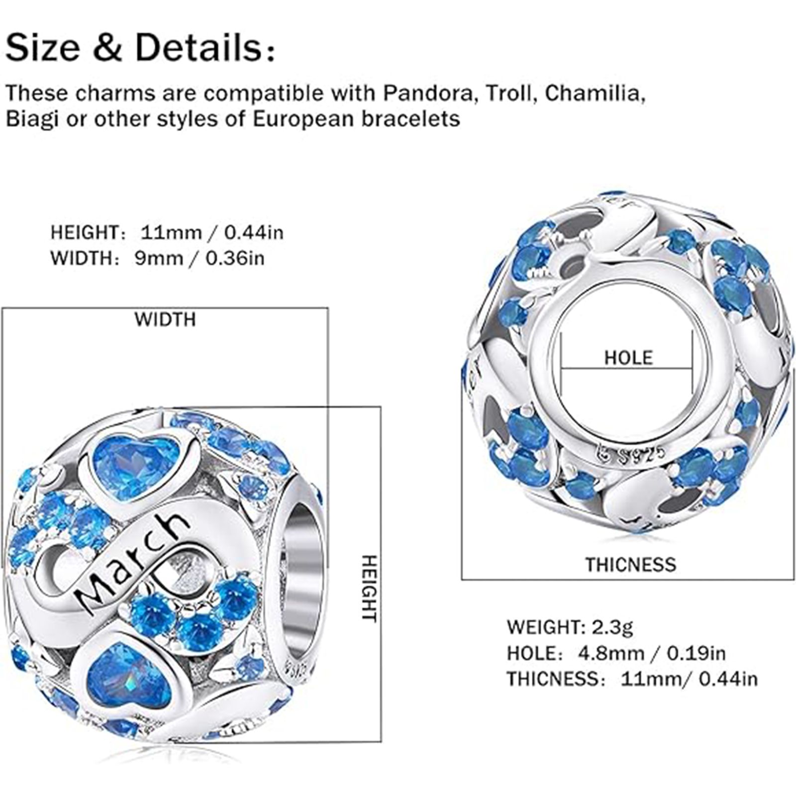 March Birthstone Birthstone Charm Jewelry Infinity Love Heart Charm Openwork Bead-Birthstone Jewelry