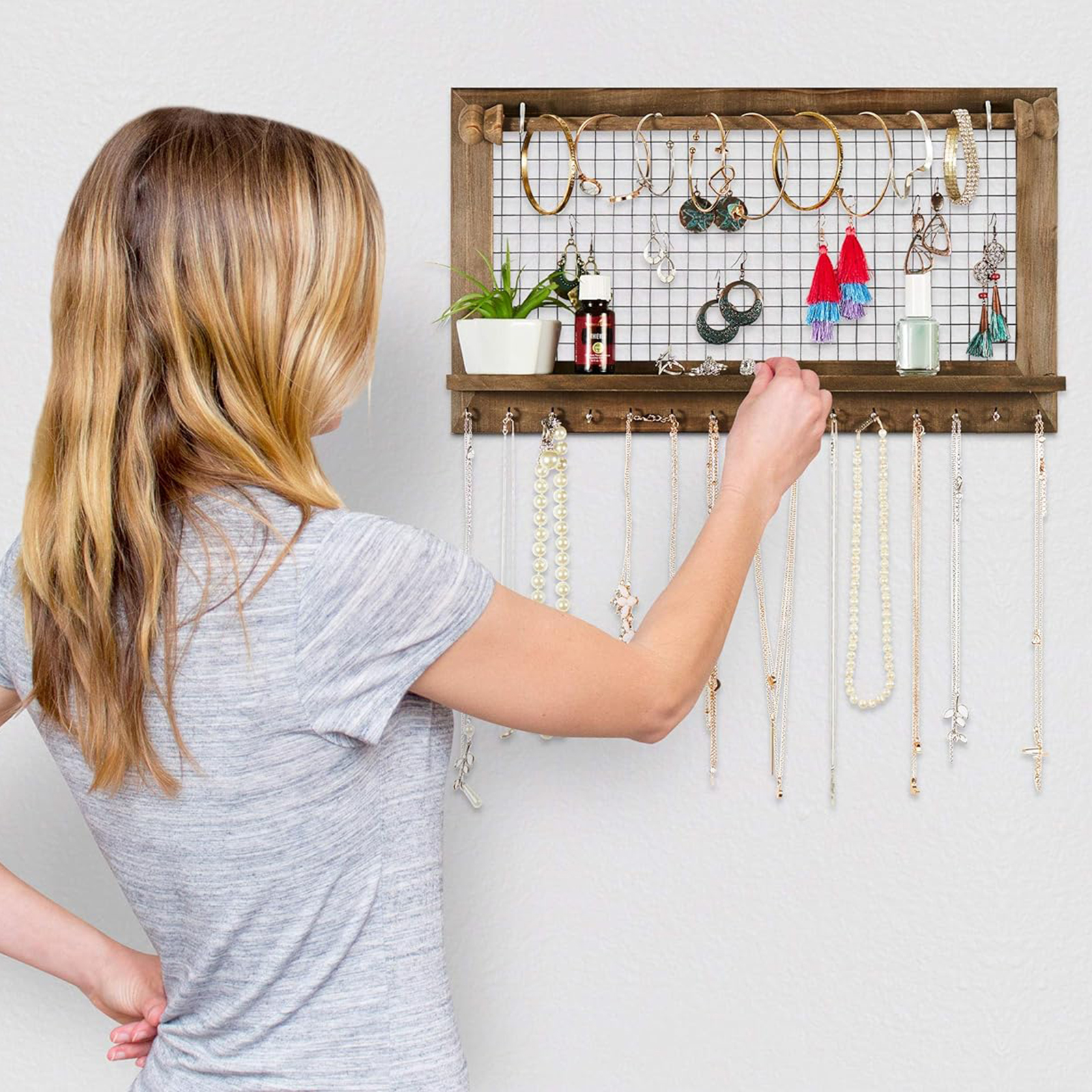 Wooden Wall-Mounted Jewelry Organizer – Removable Bracelet Rod & Earring Holder