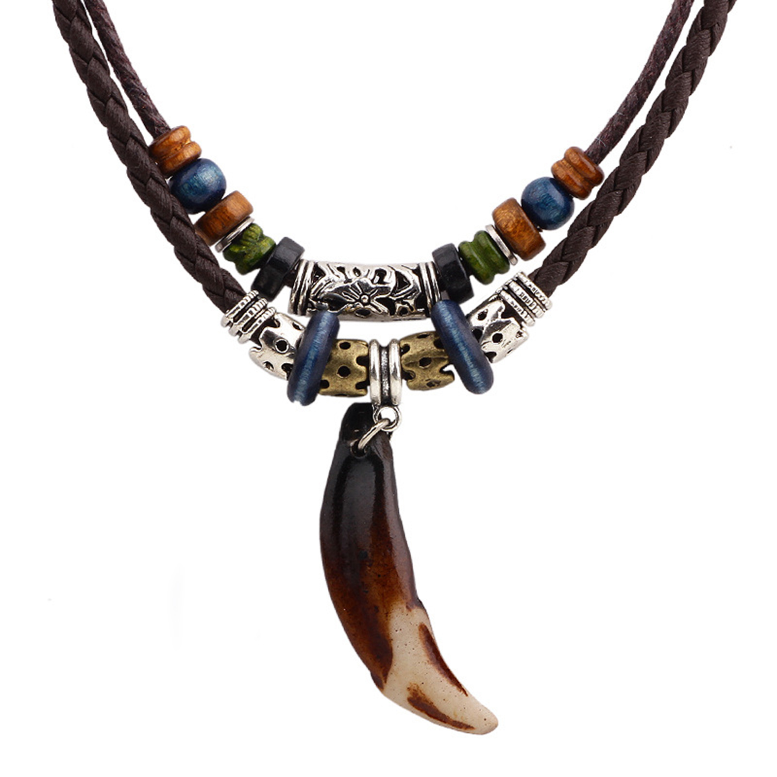 Leather Tribal Necklace with Cross Charm  and Teeth Pendant
