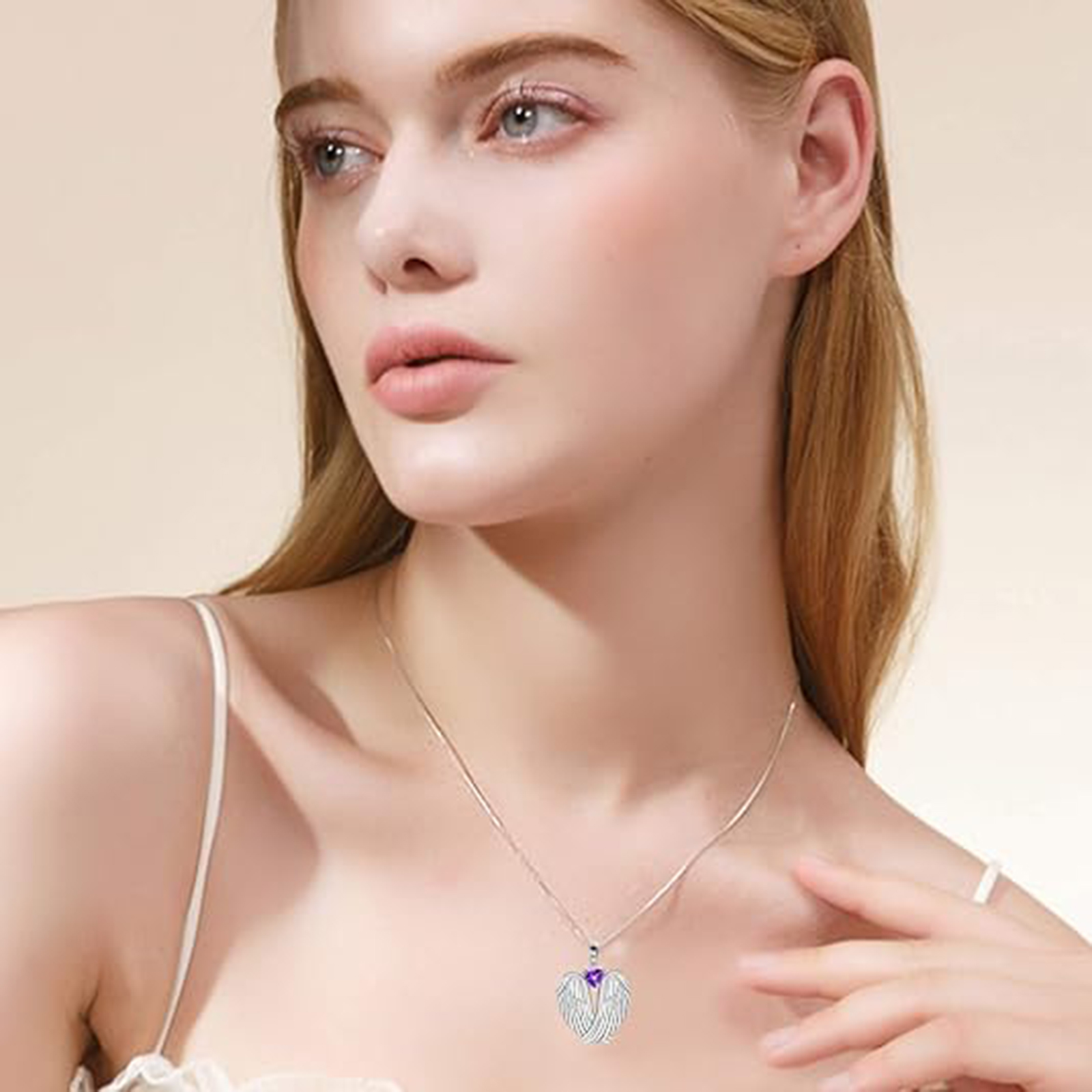 Feb Birthstone Angel Wings Necklace 925 Silver Xmas Gift Women