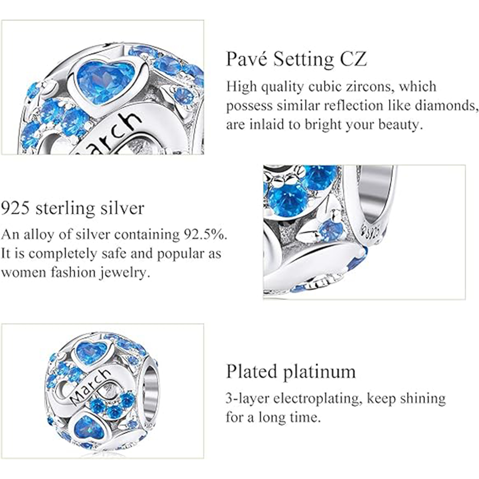 March Birthstone Birthstone Charm Jewelry Infinity Love Heart Charm Openwork Bead-Birthstone Jewelry