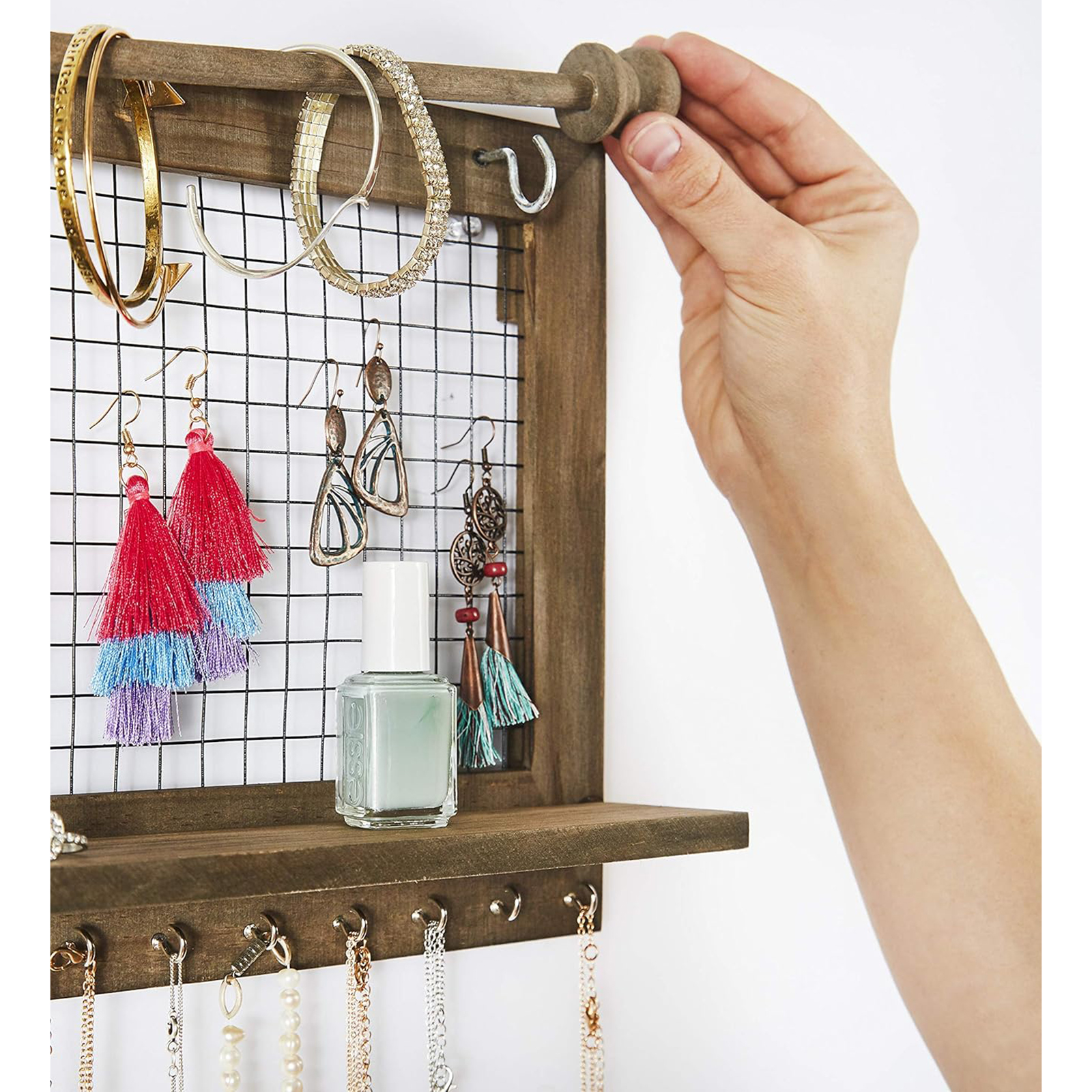 Wooden Wall-Mounted Jewelry Organizer – Removable Bracelet Rod & Earring Holder