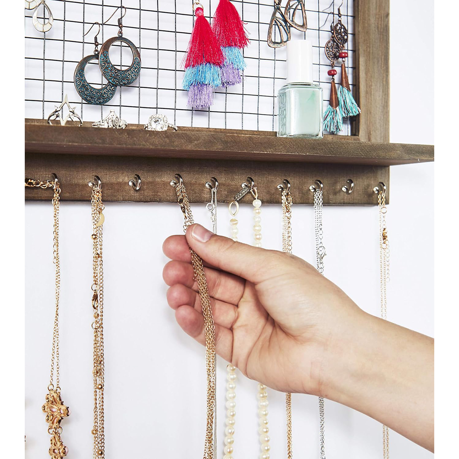 Wooden Wall-Mounted Jewelry Organizer – Removable Bracelet Rod & Earring Holder