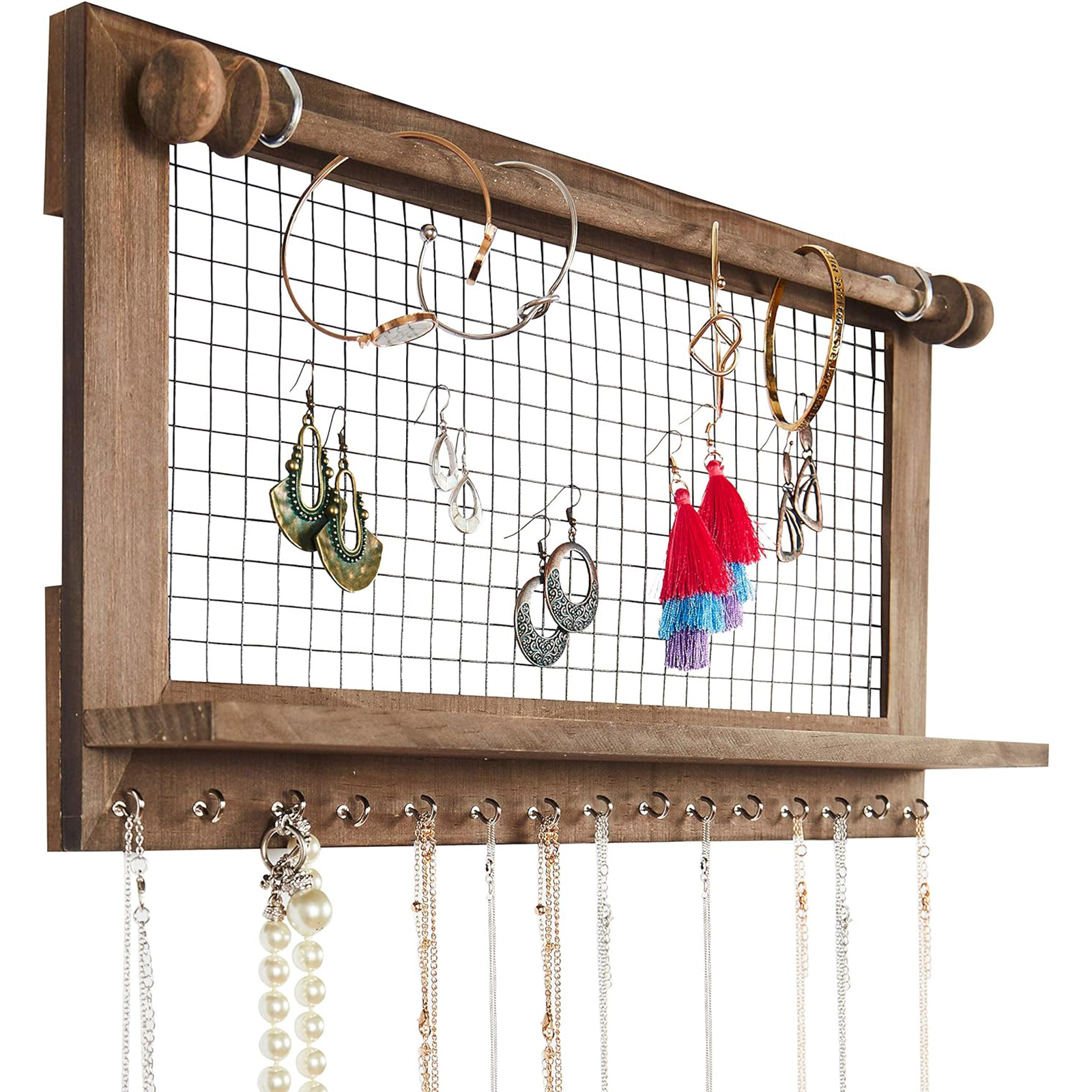 Wooden Wall-Mounted Jewelry Organizer – Removable Bracelet Rod & Earring Holder