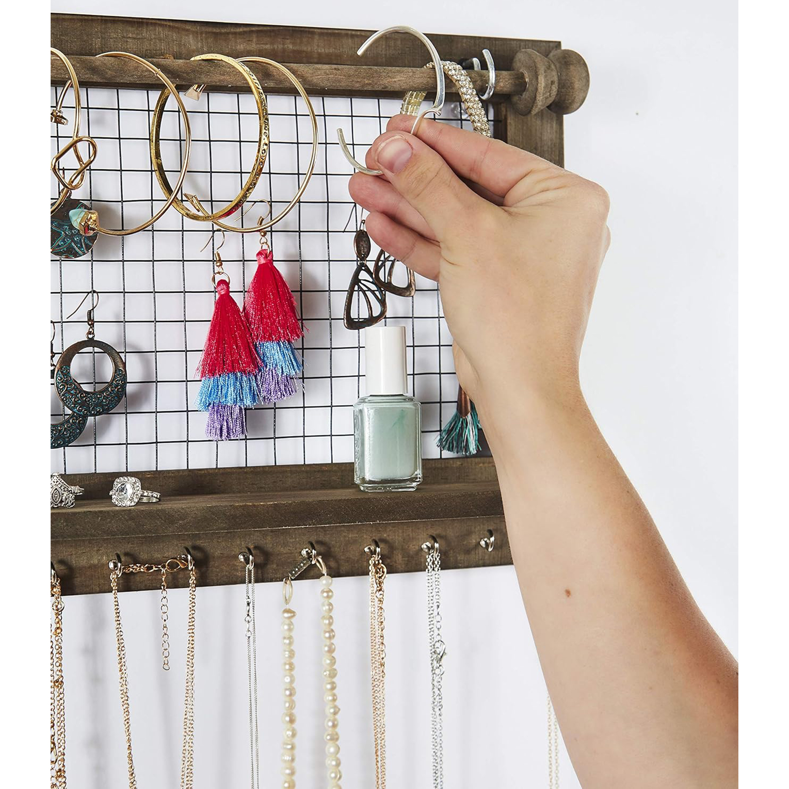 Wooden Wall-Mounted Jewelry Organizer – Removable Bracelet Rod & Earring Holder