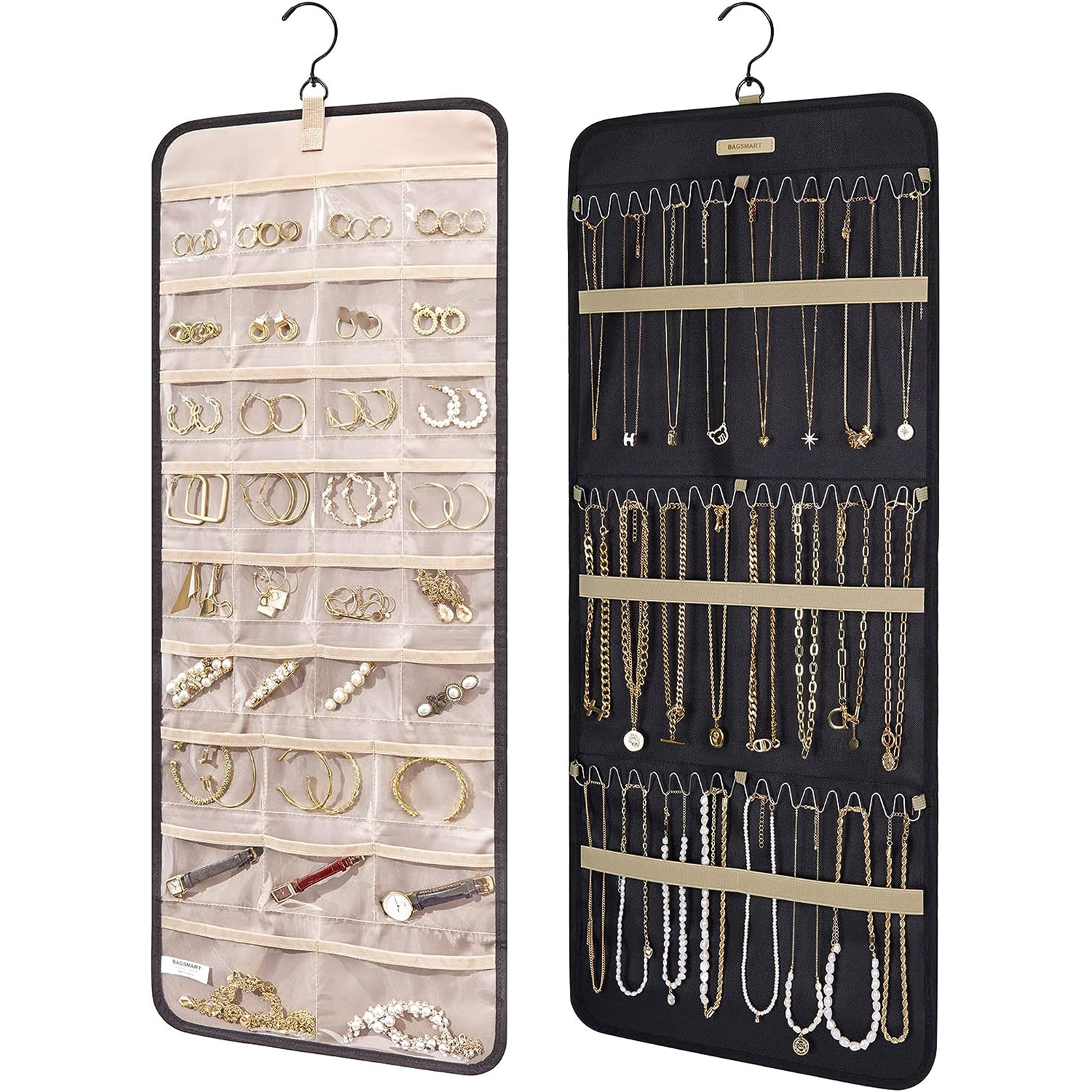 Double-Sided Hanging Jewelry Roll – Metal Hook Earring Organizer