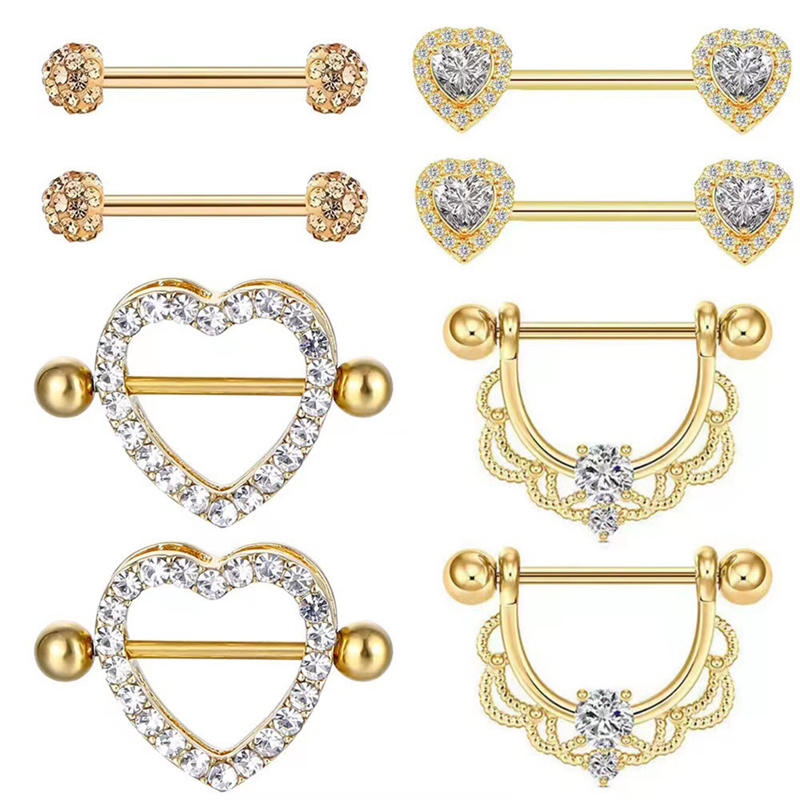4pr SS Nipple&Tongue Rings: Barbell CZ Heart Jewelry Women