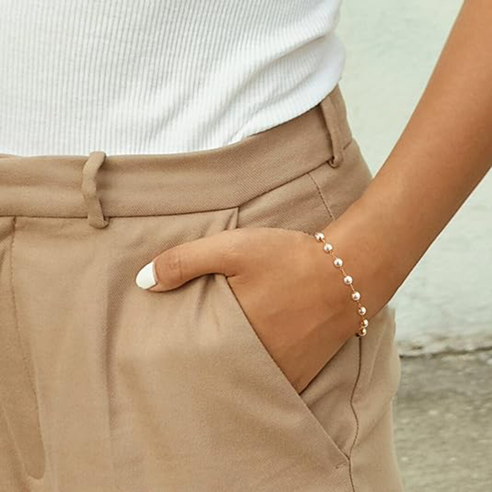 Chain Bracelet Gold Link 14K Gold Plated Dainty Pearl Bracelet Simple 