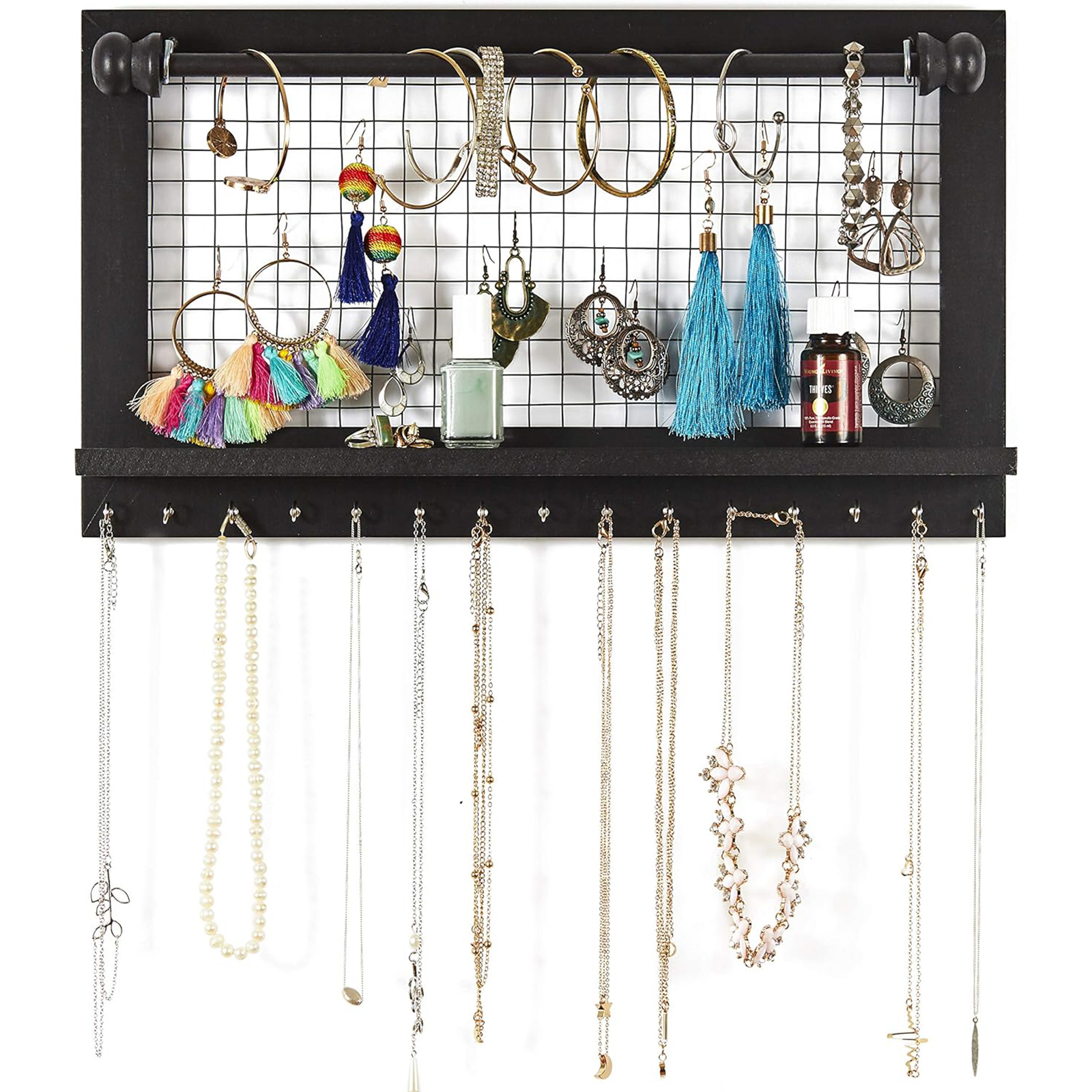 Wooden Wall-Mounted Jewelry Organizer – Removable Bracelet Rod & Earring Holder