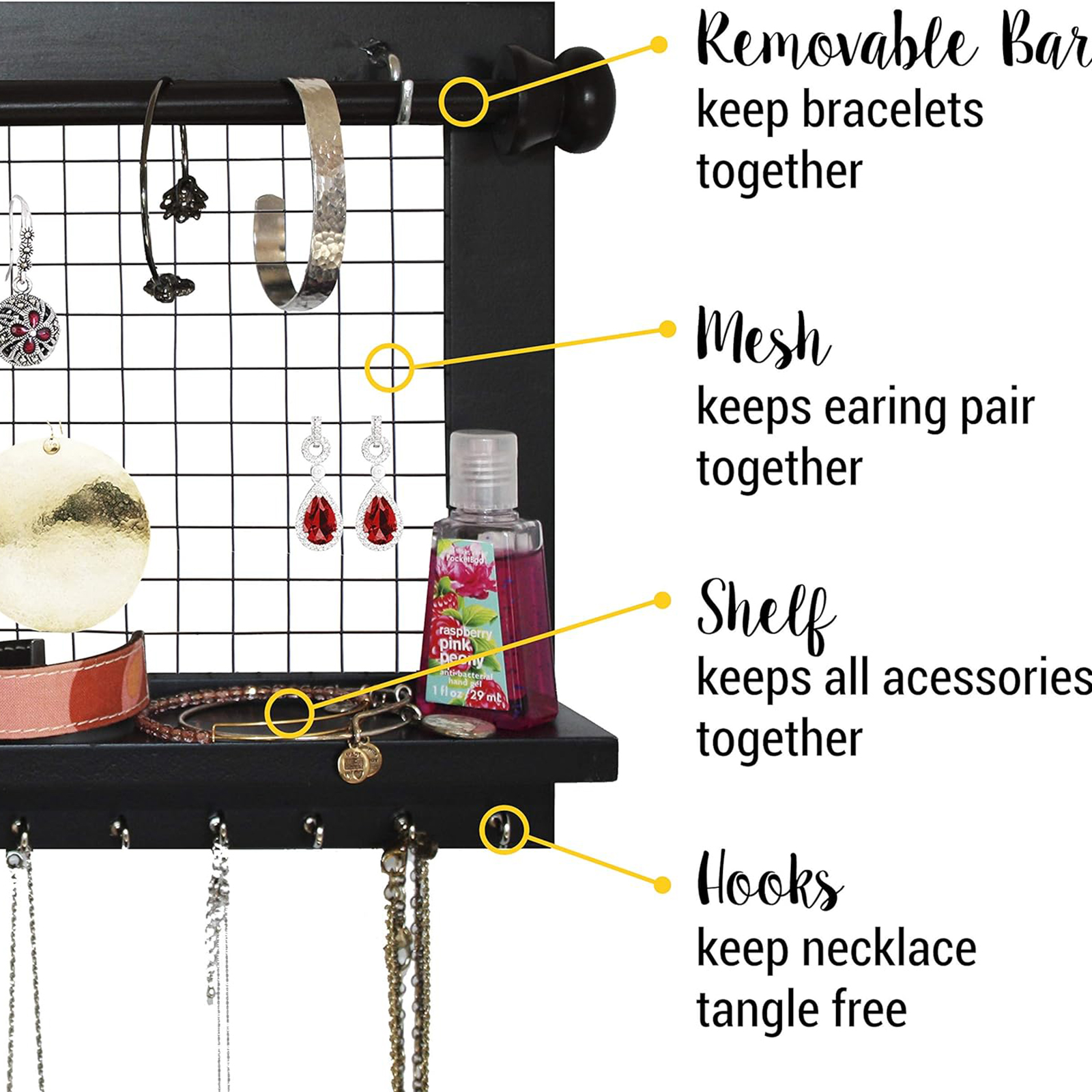 Wooden Wall-Mounted Jewelry Organizer – Removable Bracelet Rod & Earring Holder