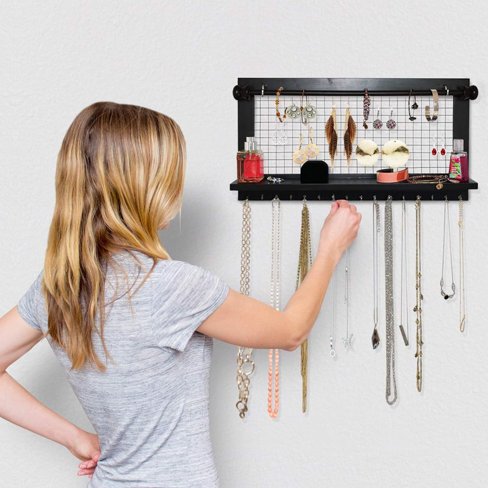 Wooden Wall-Mounted Jewelry Organizer – Removable Bracelet Rod & Earring Holder