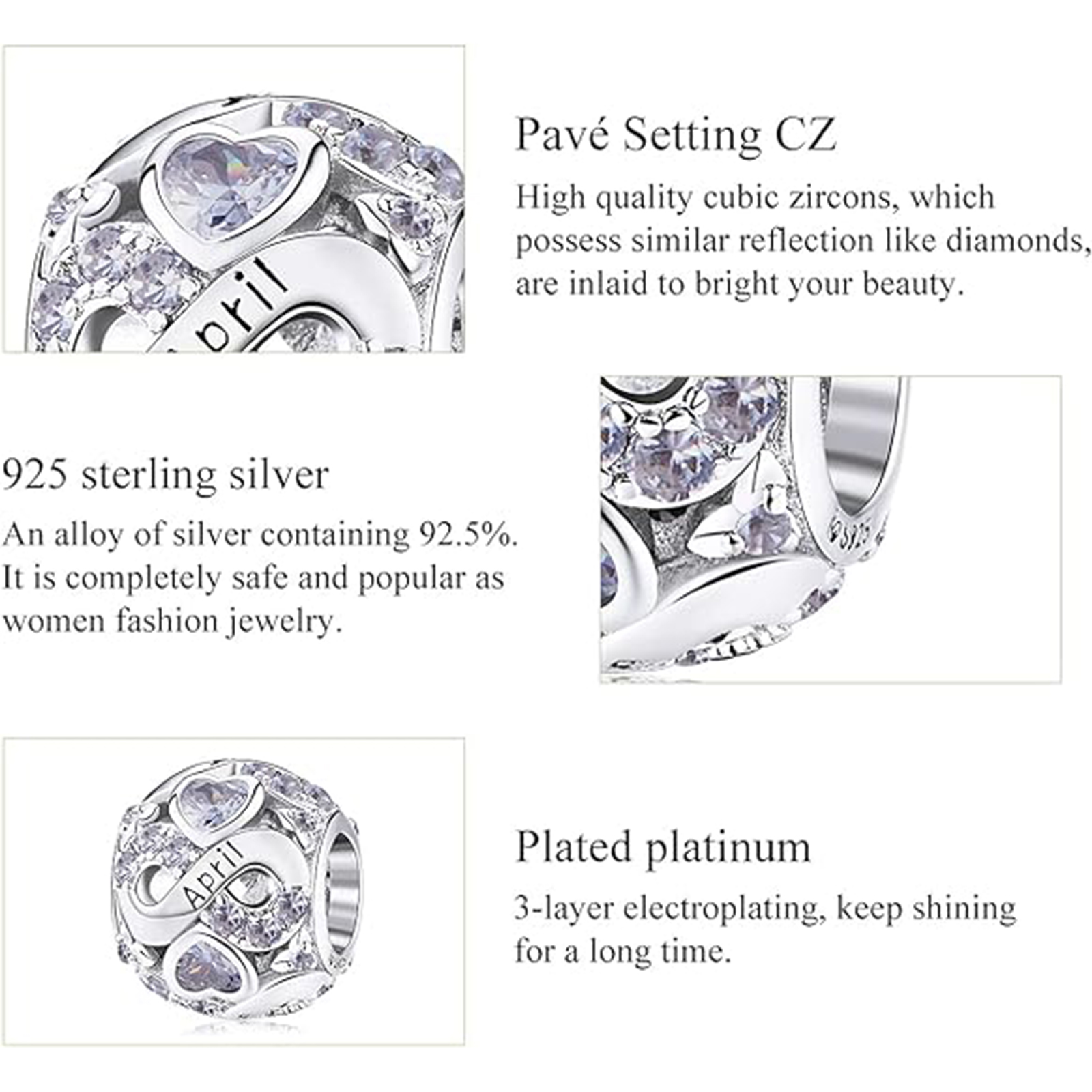 April Birthstone Birthstone Charm Jewelry Infinity Love Heart Charm Openwork Bead-Birthstone Jewelry