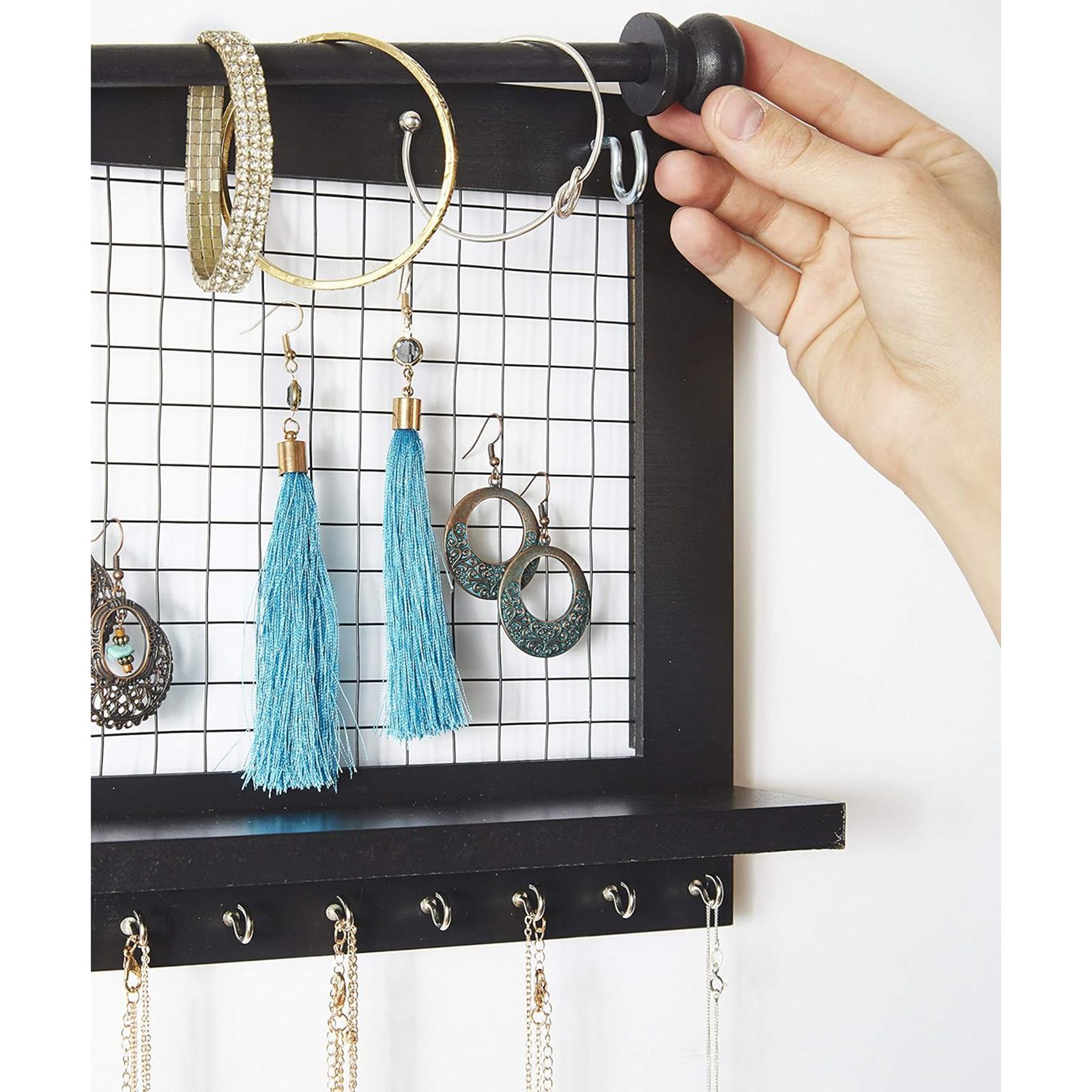 Wooden Wall-Mounted Jewelry Organizer – Removable Bracelet Rod & Earring Holder