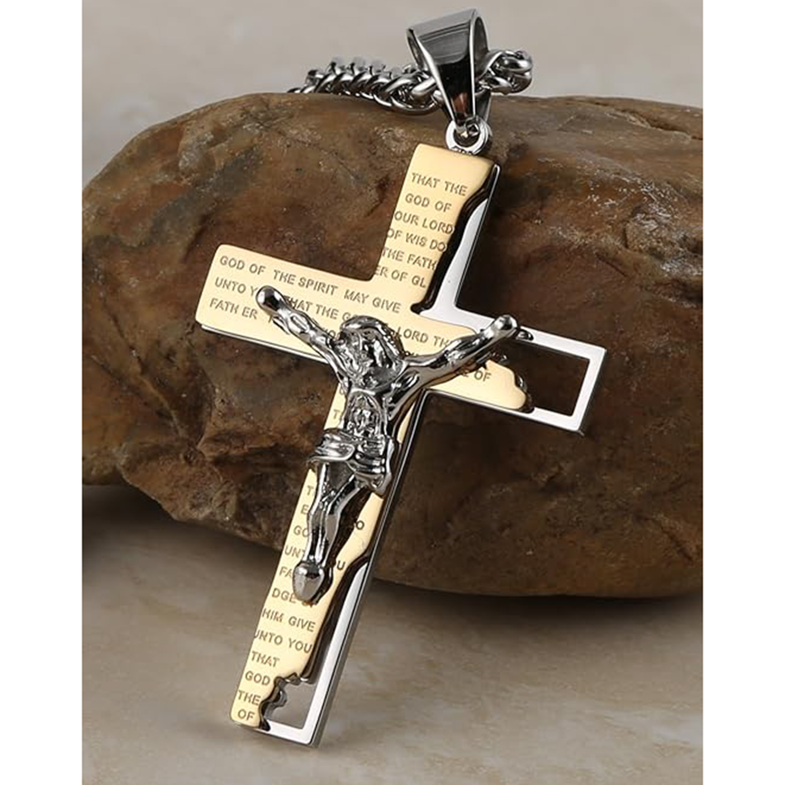 Men's Stainless Steel Cross Crucifix Bible Prayer Pendant Necklace 22+2" Chain-Birthstone Jewelry