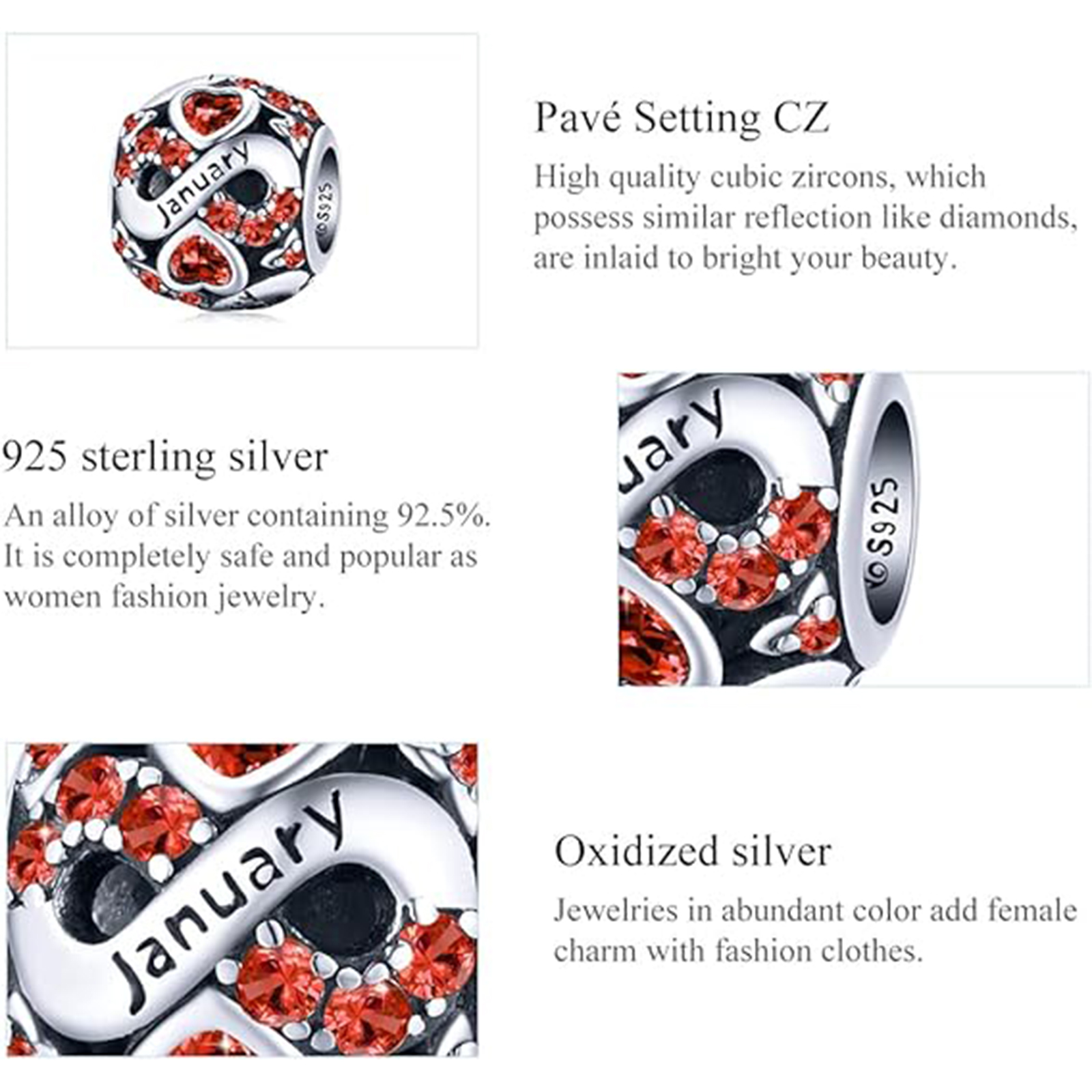 January Birthstone Birthstone Charm Jewelry Infinity Love Heart Charm Openwork Bead