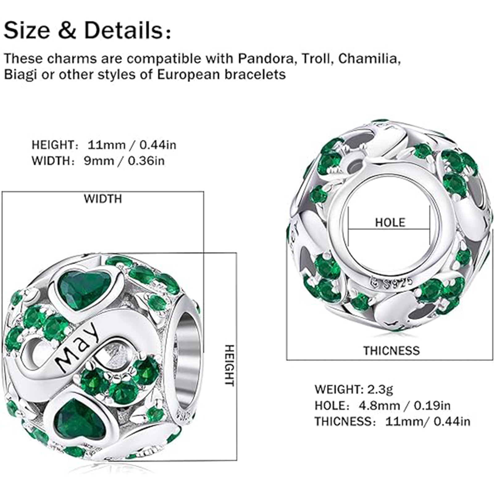 May Birthstone Birthstone Charm Jewelry Infinity Love Heart Charm Openwork Bead-Birthstone Jewelry