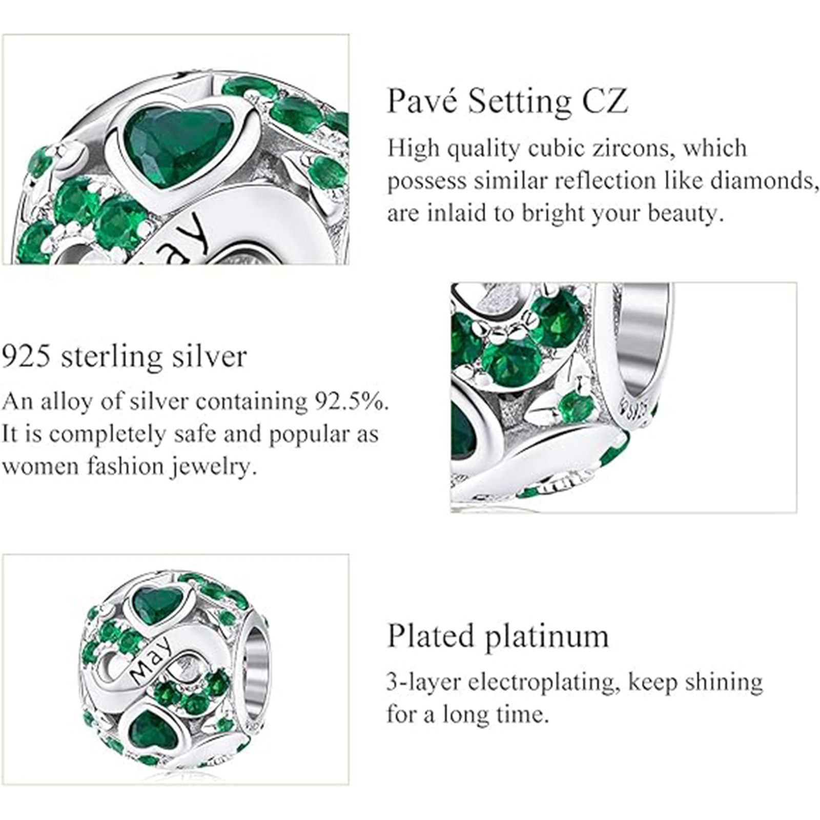 May Birthstone Birthstone Charm Jewelry Infinity Love Heart Charm Openwork Bead-Birthstone Jewelry