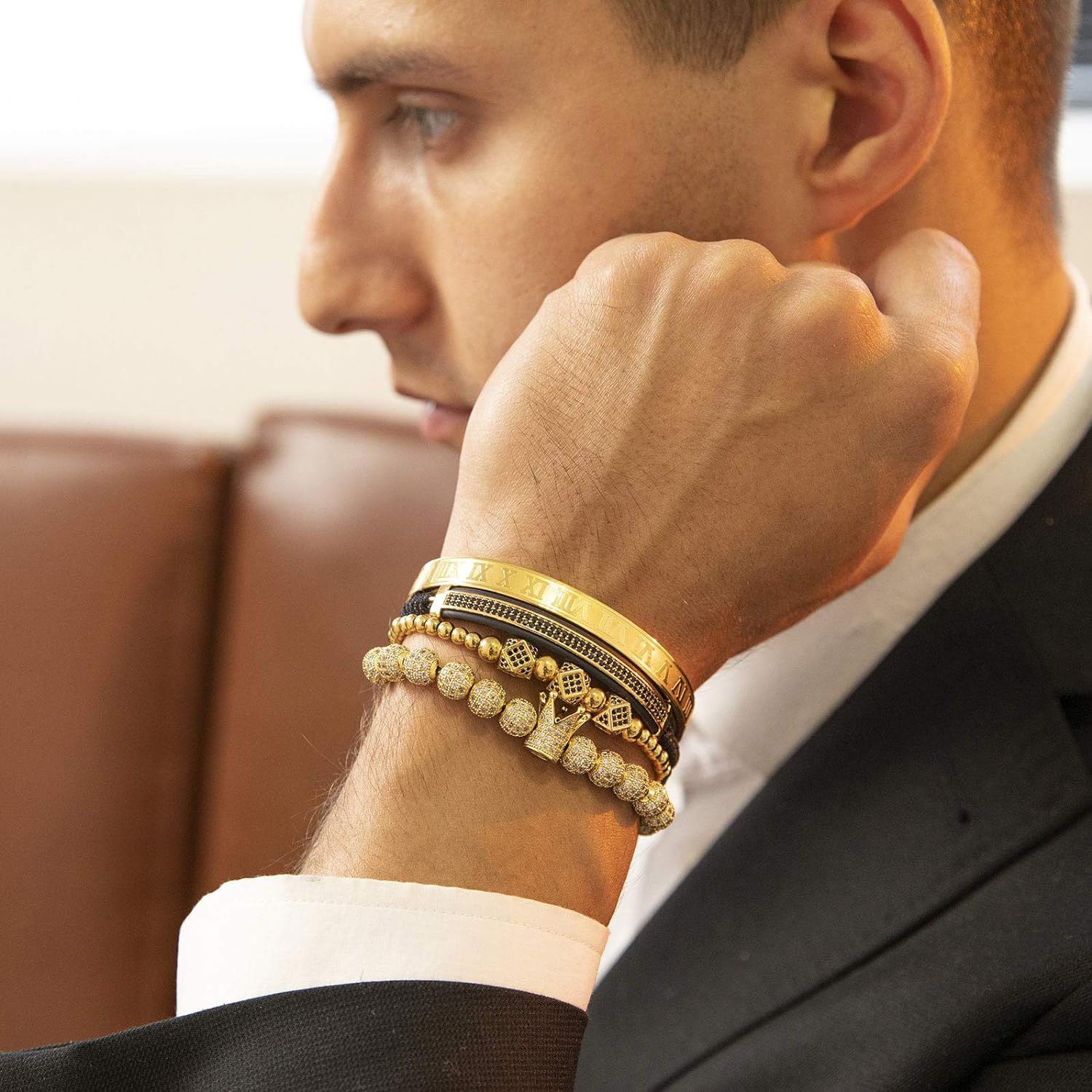 BlingKu Men's Crown of Glamour Gold Bracelet-Birthstone Jewelry