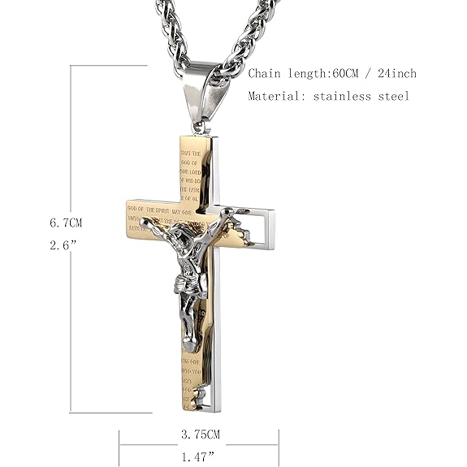 Men's Stainless Steel Cross Crucifix Bible Prayer Pendant Necklace 22+2" Chain-Birthstone Jewelry