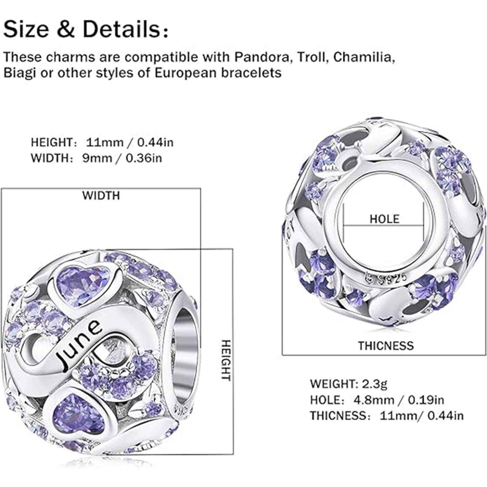 June Birthstone Birthstone Charm Jewelry Infinity Love Heart Charm Openwork Bead-Birthstone Jewelry