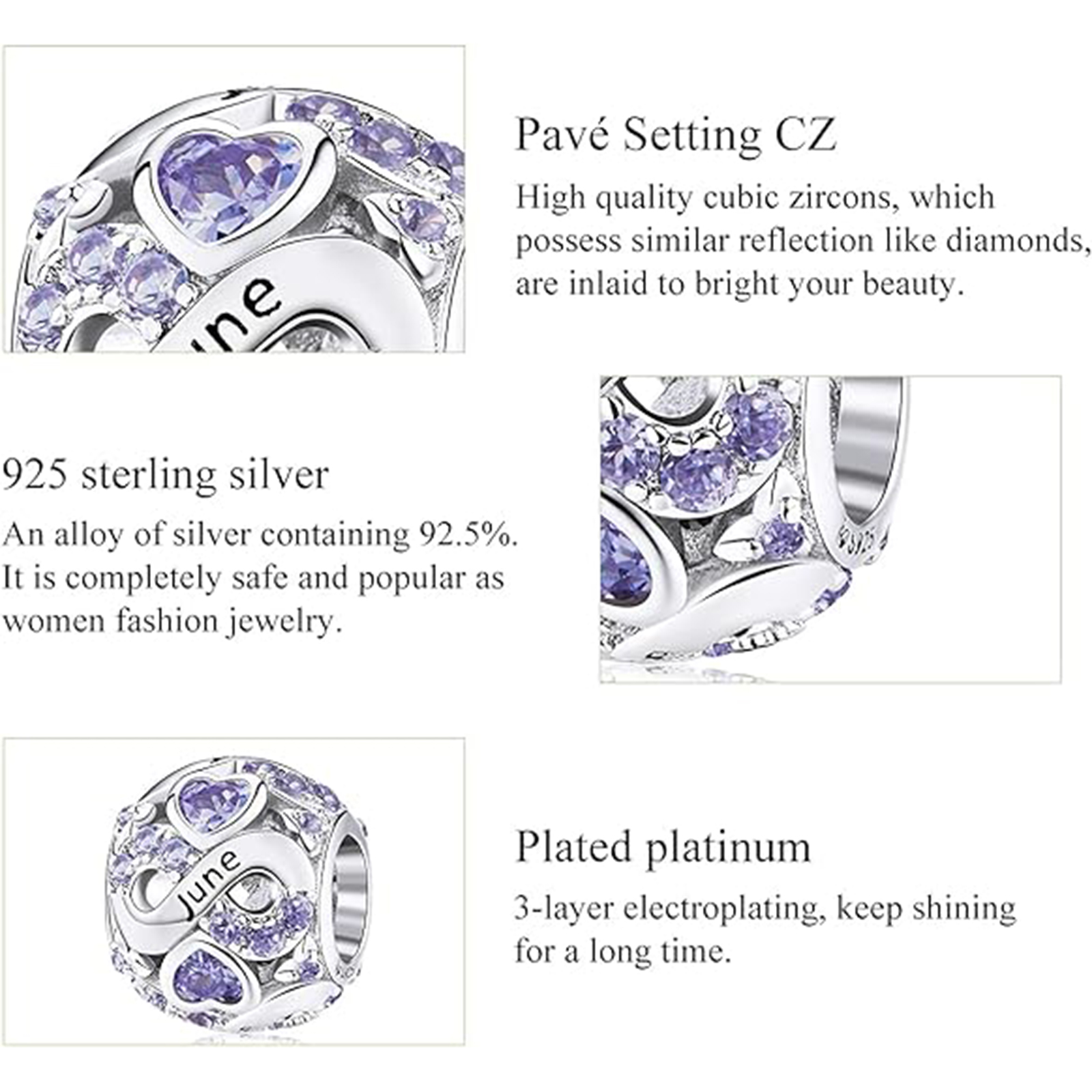 June Birthstone Birthstone Charm Jewelry Infinity Love Heart Charm Openwork Bead-Birthstone Jewelry