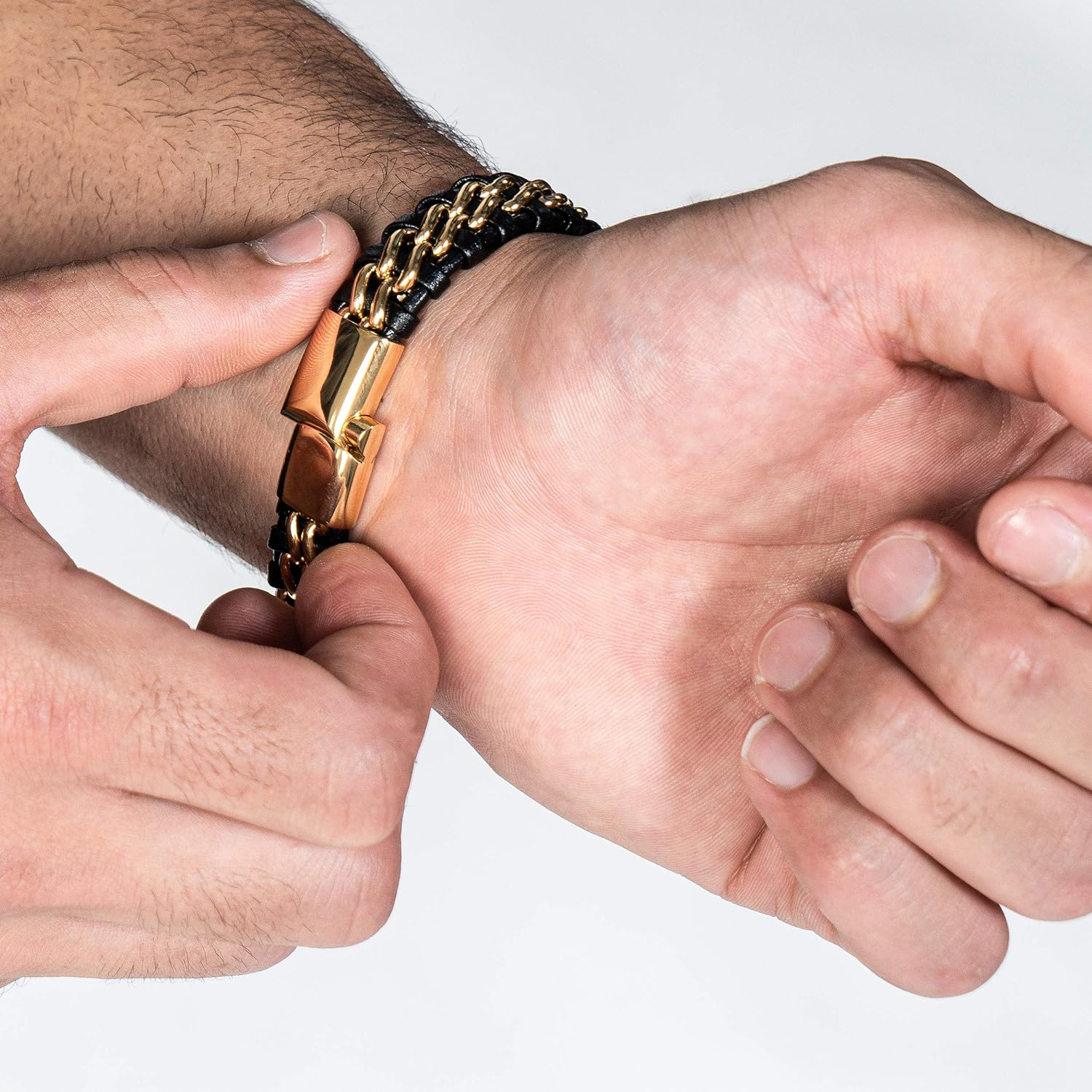 Golden Stainless Steel Magnetic Clasp Leather Men's Bracelet-Birthstone Jewelry