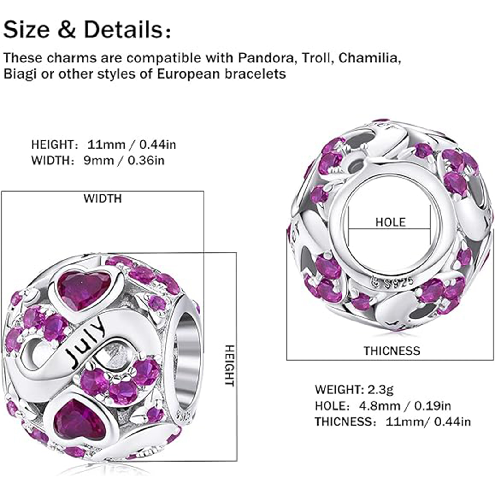 July Birthstone Birthstone Charm Jewelry Infinity Love Heart Charm Openwork Bead-Birthstone Jewelry