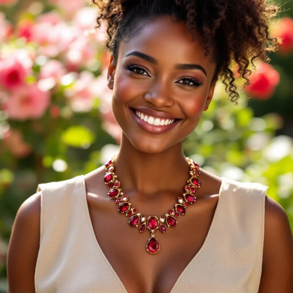 Woman layering ruby birthstone necklace with gold chains – summer outfit inspiration