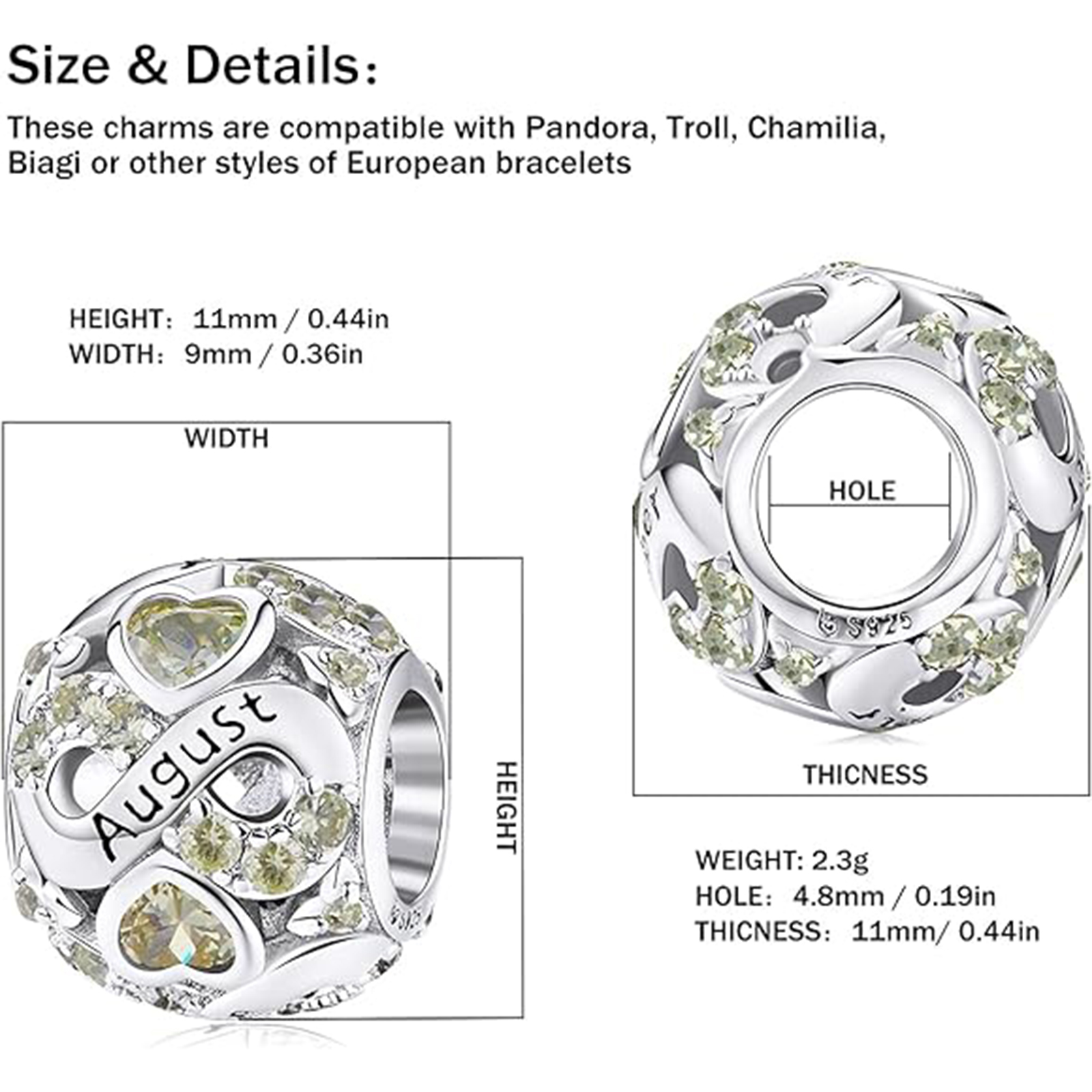 August Birthstone Birthstone Charm Jewelry Infinity Love Heart Charm Openwork Bead