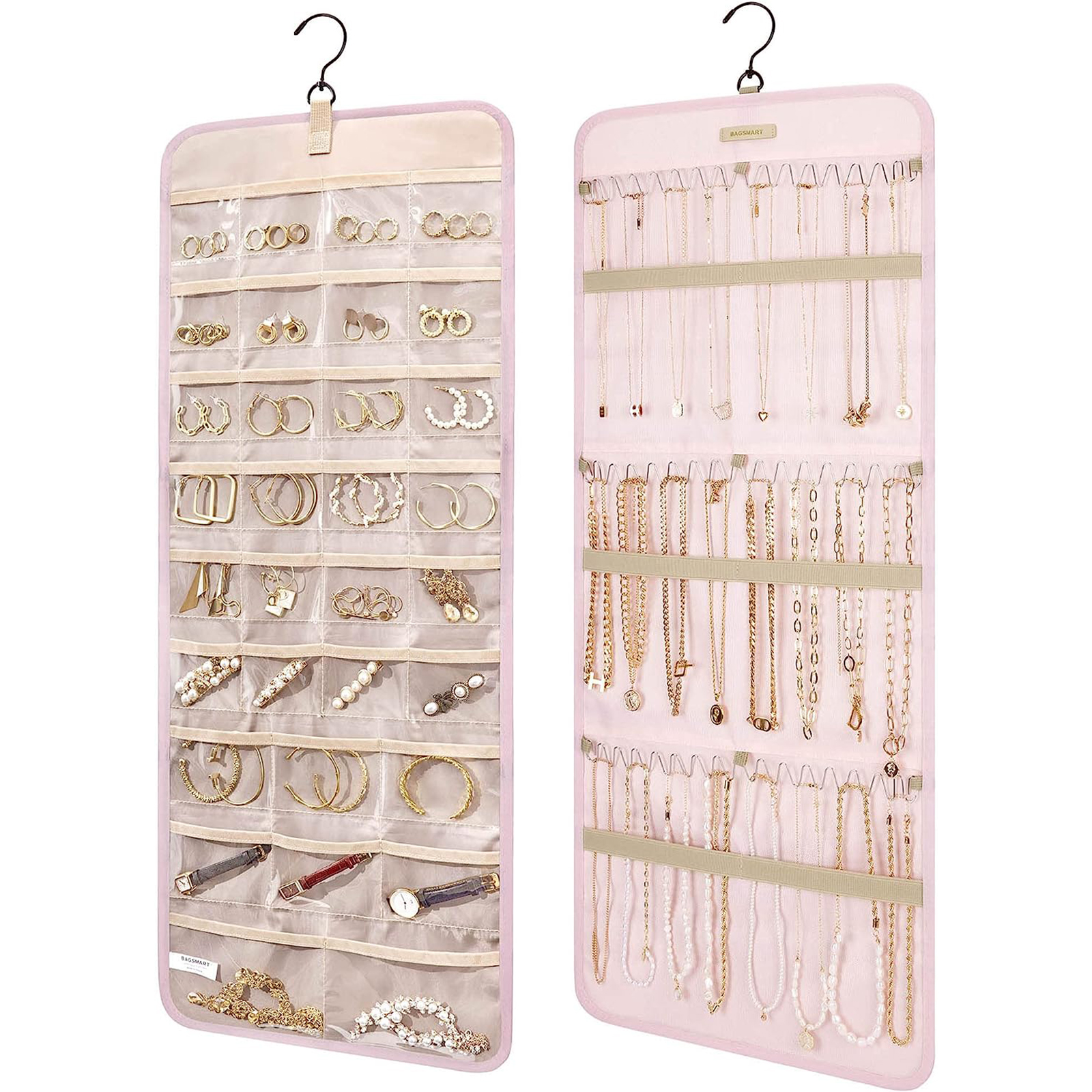 Double-Sided Hanging Jewelry Roll – Metal Hook Earring Organizer
