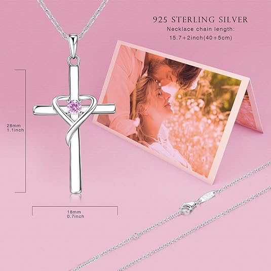 October Birthstone 925 Sterling Silver Cross Birthstone Necklaces-Birthstone Jewelry