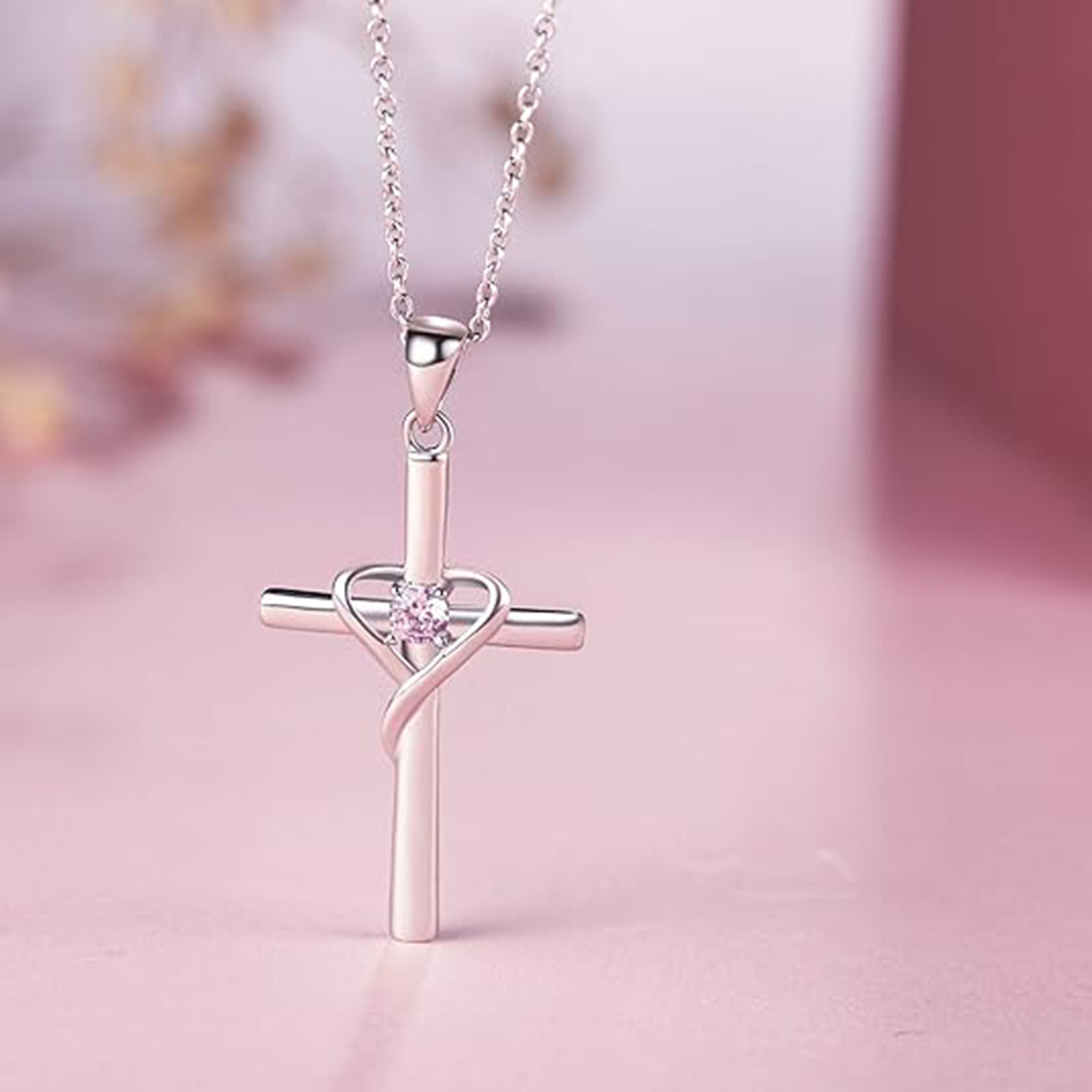 October Birthstone 925 Sterling Silver Cross Birthstone Necklaces-Birthstone Jewelry