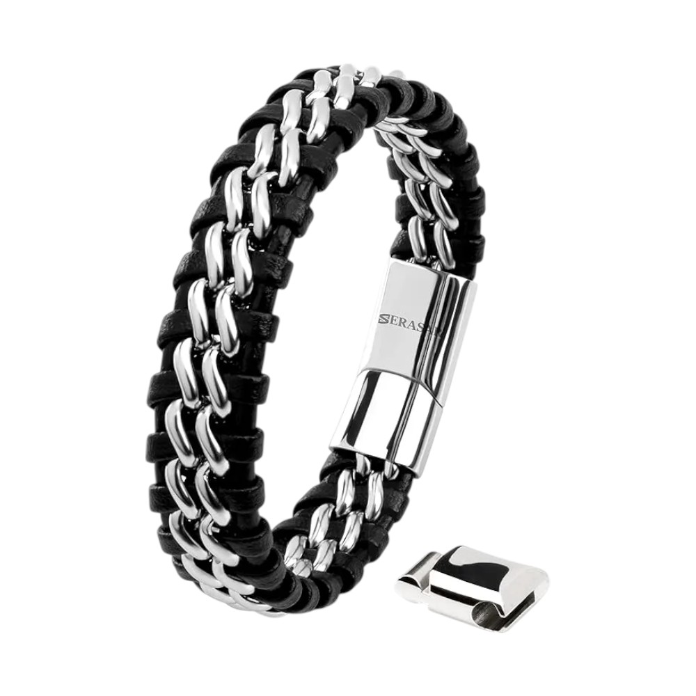 Golden Stainless Steel Magnetic Clasp Leather Men's Bracelet