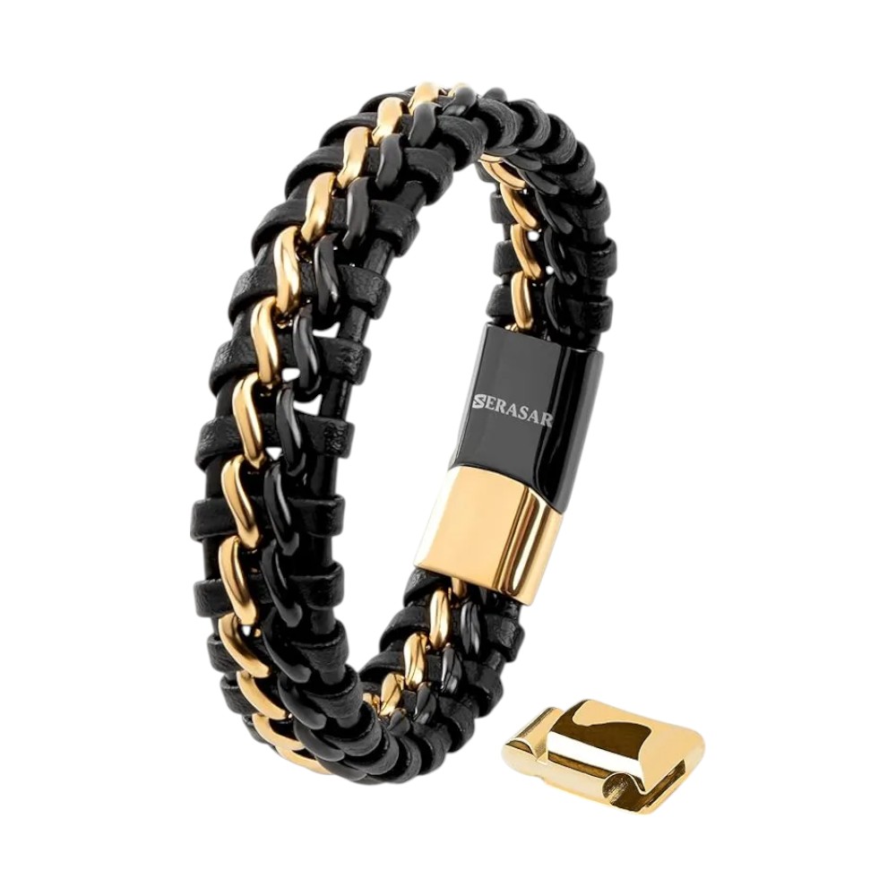 Golden Stainless Steel Magnetic Clasp Leather Men's Bracelet