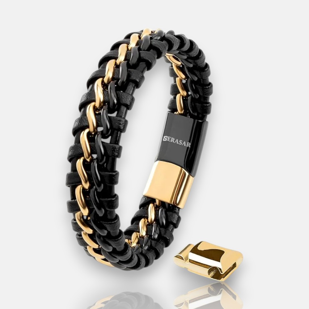 Golden Stainless Steel Magnetic Clasp Leather Men's Bracelet