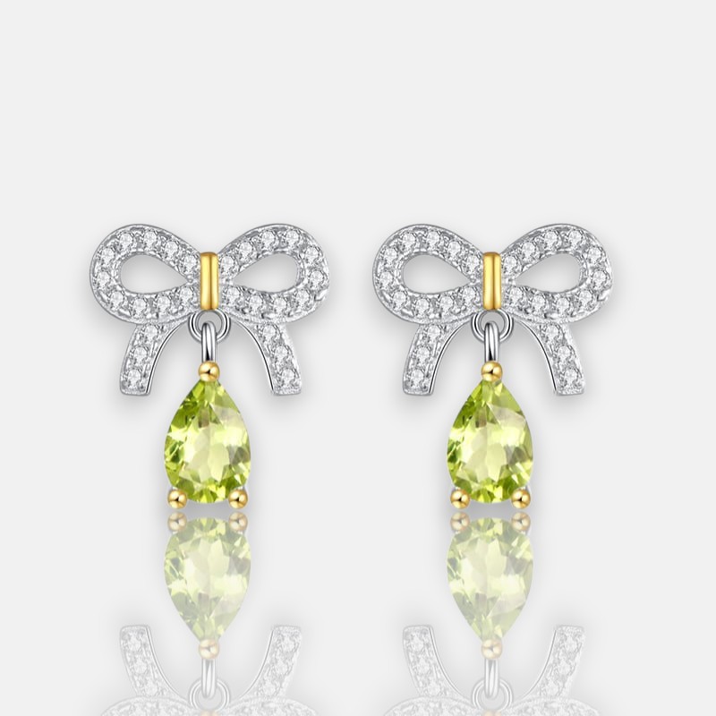 Green Gemstone Bow Earrings – S925 Sterling Silver Peridot Drop Design