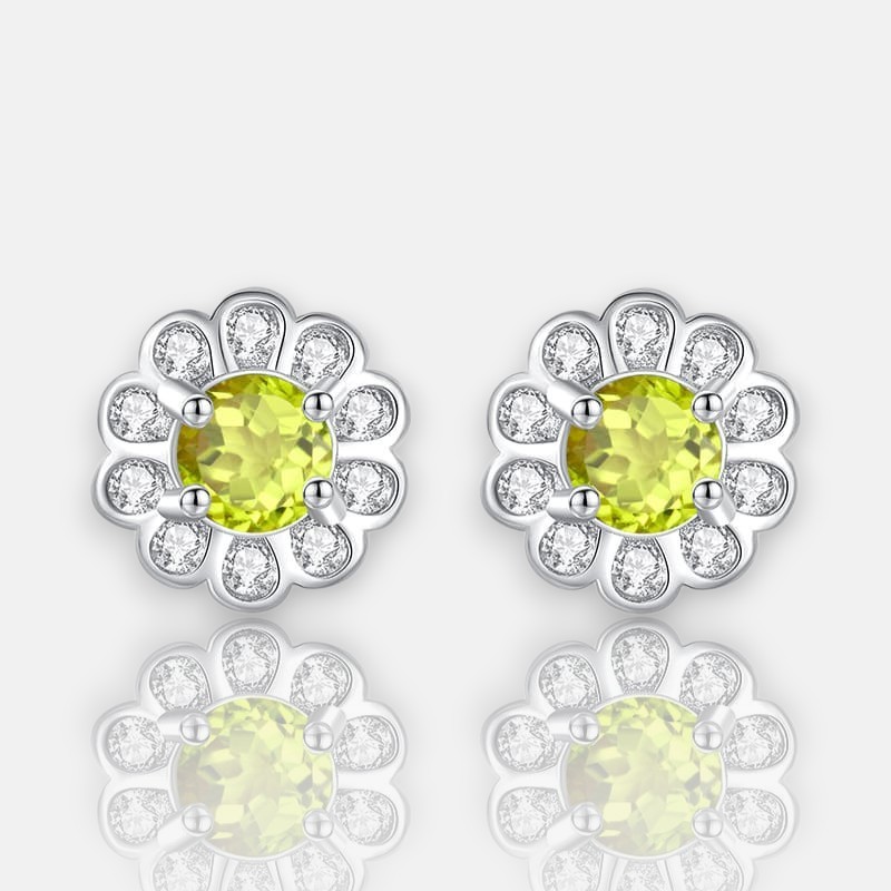 Peridot Sunflower Earrings – S925 Sterling Silver Birthstone Studs