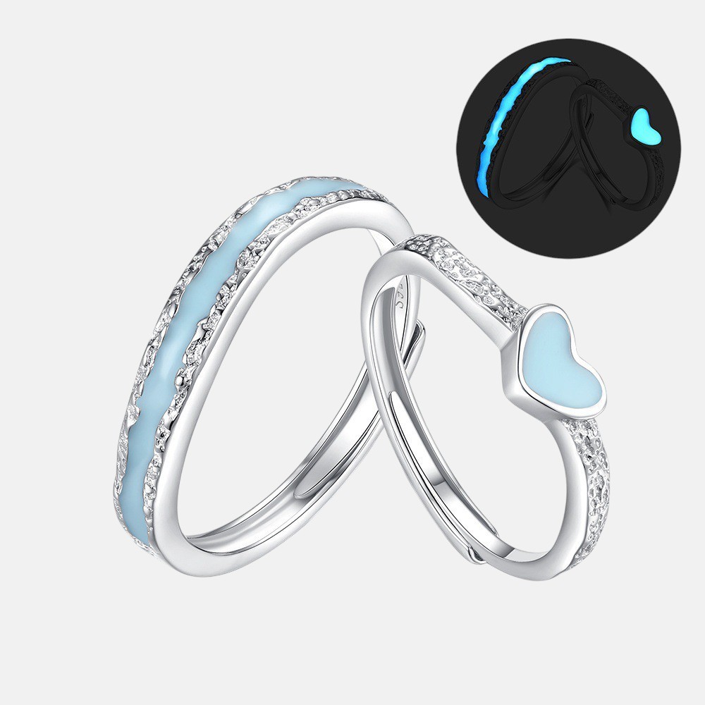 Glow in the Dark Couple Rings – “Falling in Love” S925 Silver Heart Set