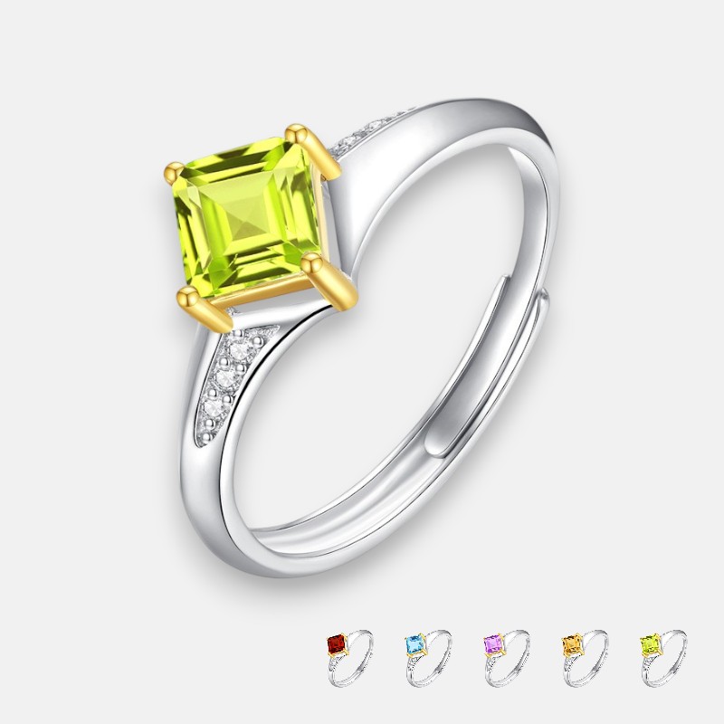 Square Cut Adjustable Ring – Peridot Solitaire Ring in S925 Silver