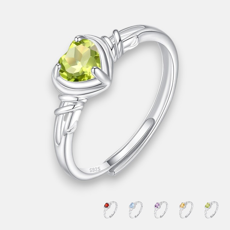 Heart-Shaped Peridot Adjustable Ring – Peridot and Diamond Ring Style in Sterling Silver