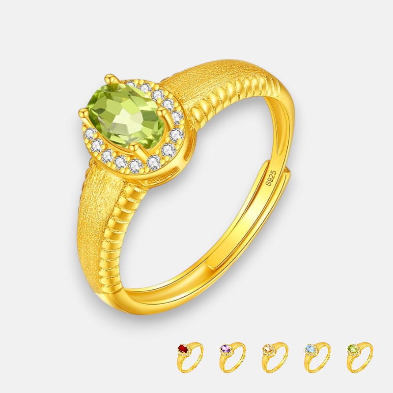 Brushed Gold Adjustable Ring – Minimalist Peridot Ring in Sterling Silver