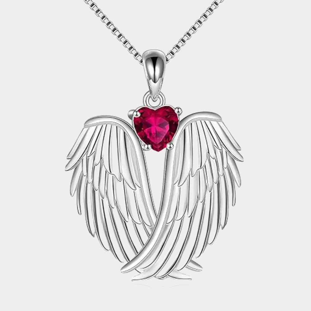 July Ruby Angel Wings Necklace – Sterling Silver Gift for Women