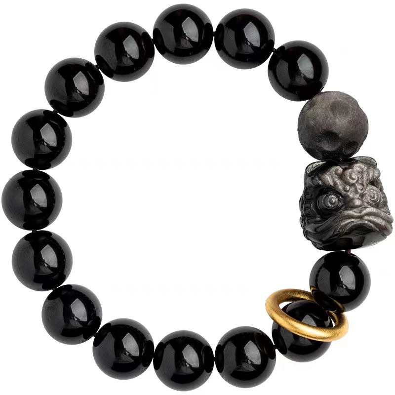 Men Obsidian Waking Lion Bracelet, Valentine's Day Gift Bracelet-Birthstone Jewelry