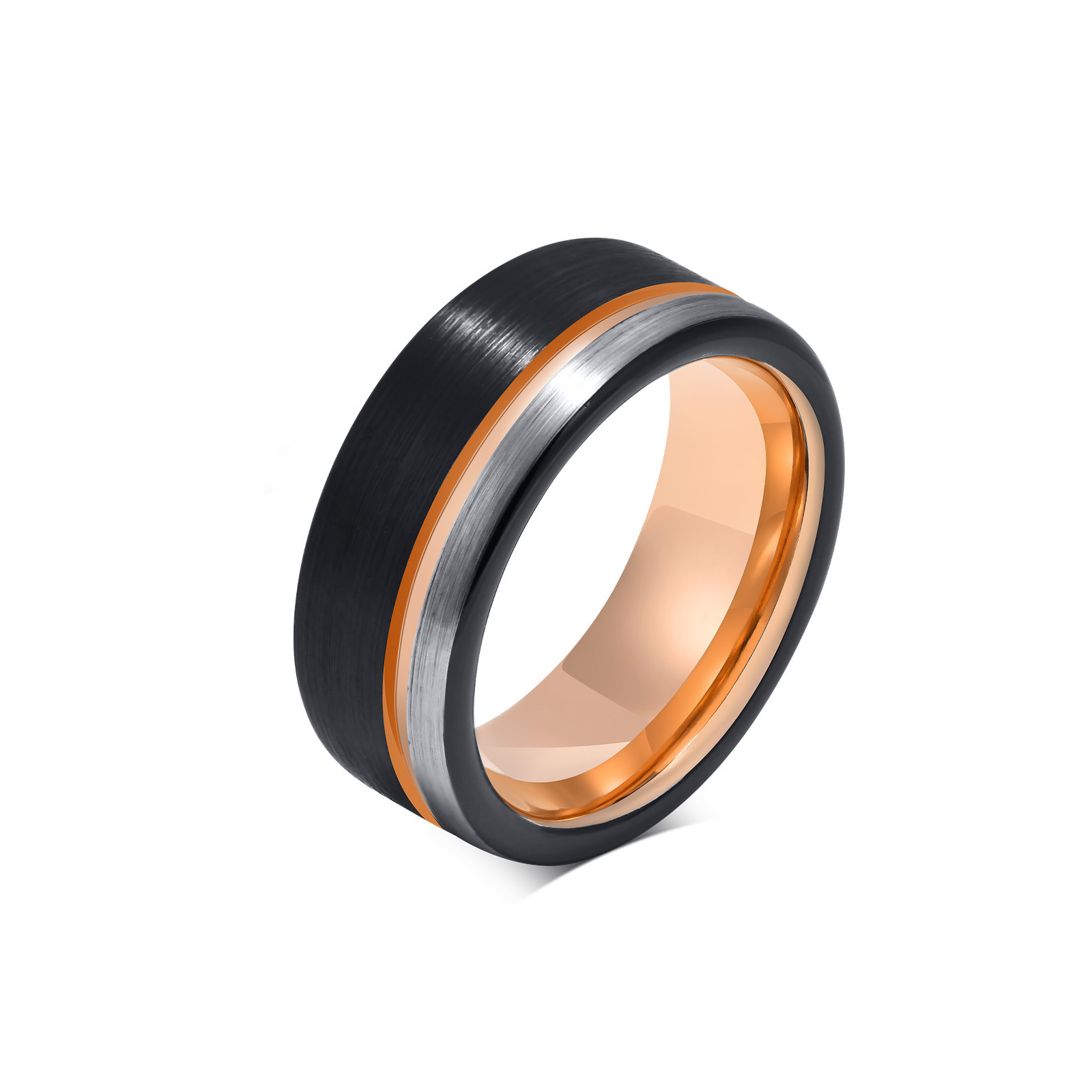 Men's Tungsten Ring 8mm Black with Rose Fluted Index Finger Ring-Birthstone Jewelry
