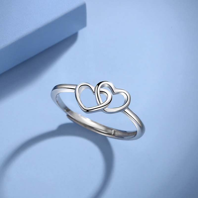 Women's double heart ring, S925 sterling silver heart-to-heart ring-Birthstone Jewelry
