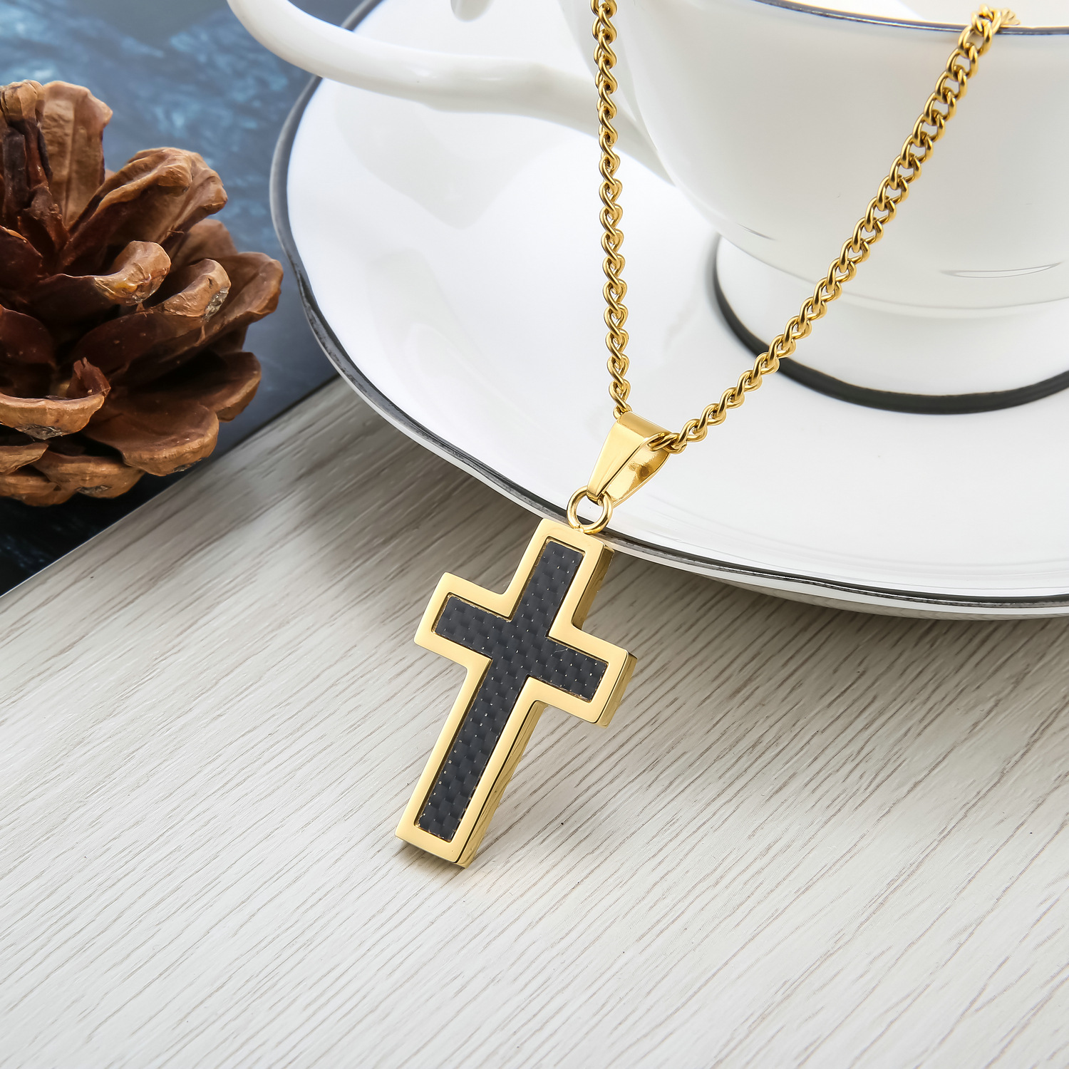 Men's titanium steel necklace pendant with carbon fiber gold cross-Birthstone Jewelry