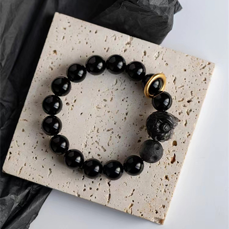 Men Obsidian Waking Lion Bracelet, Valentine's Day Gift Bracelet-Birthstone Jewelry
