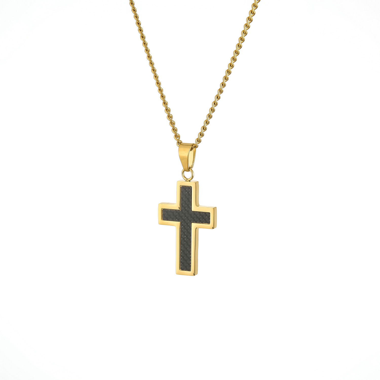 Men's titanium steel necklace pendant with carbon fiber gold cross-Birthstone Jewelry