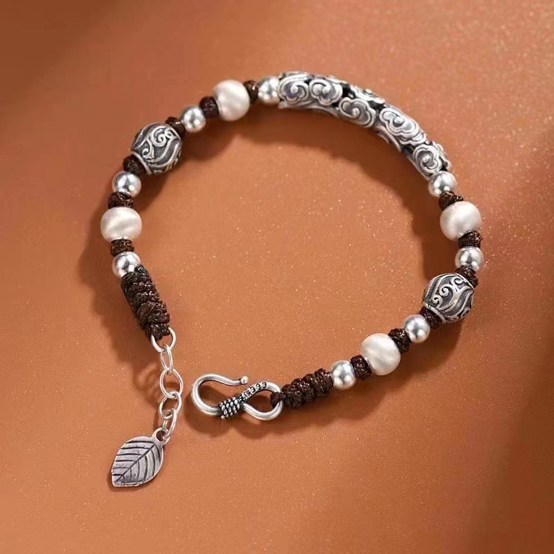 Men's Braided Copper Beaded Bracelet – Vintage Ethnic Style with Auspicious Cloud & Birthstone