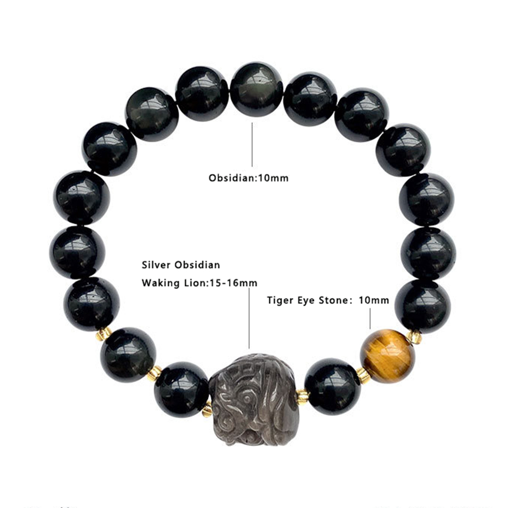 Natural Silver Obsidian Lion Bracelet – Tiger Eye & Rainbow Obsidian Beaded | Birthstone Jewelry